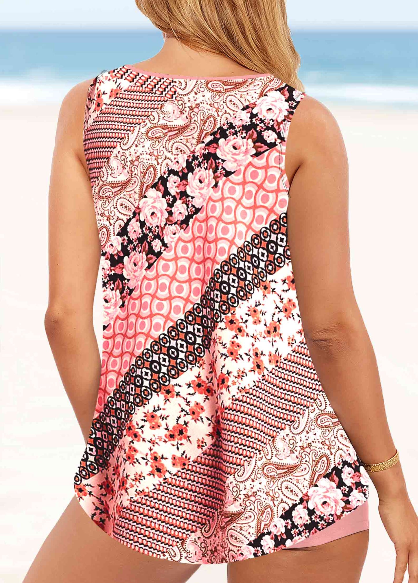 Floral Print Cross Strap Pink Tankini Set