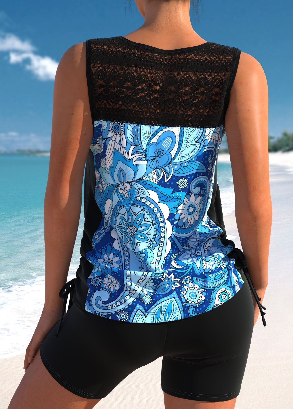 Blue Lace Stitching Paisley Print Tankini Set