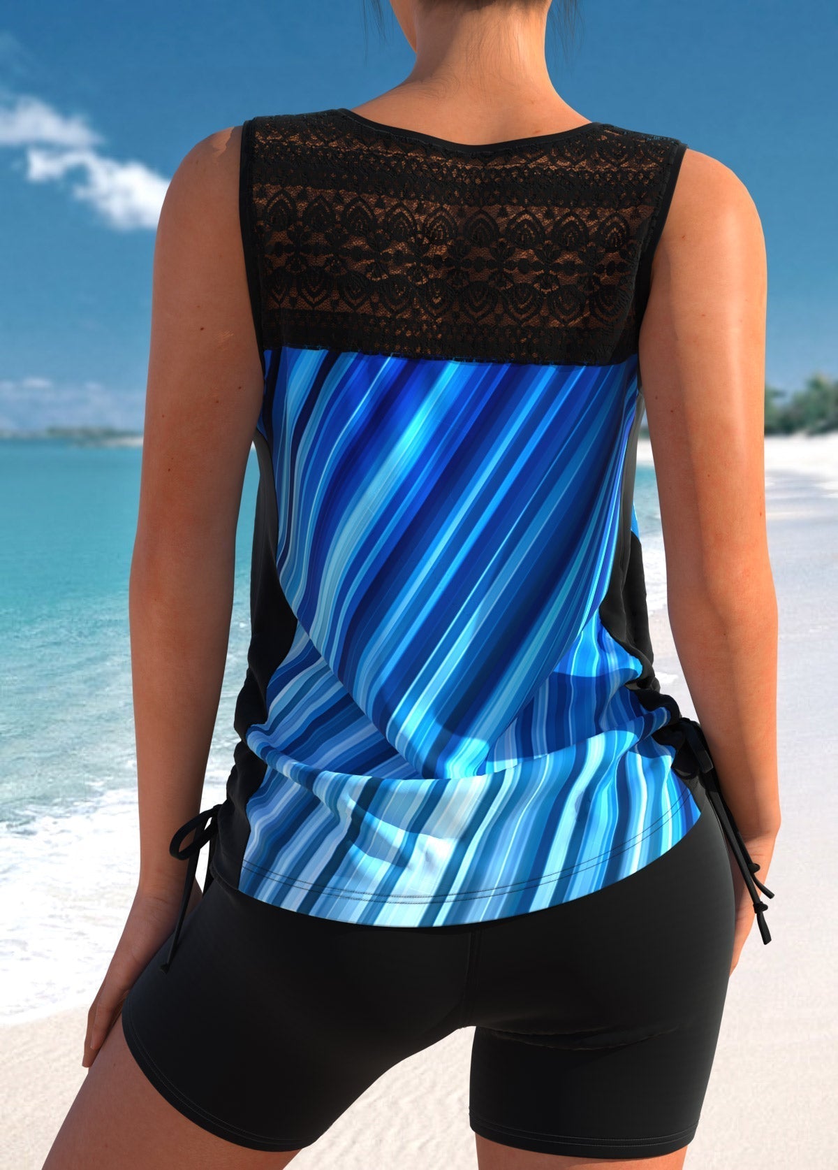 Blue Lace Stitching Criss Cross Tankini Set