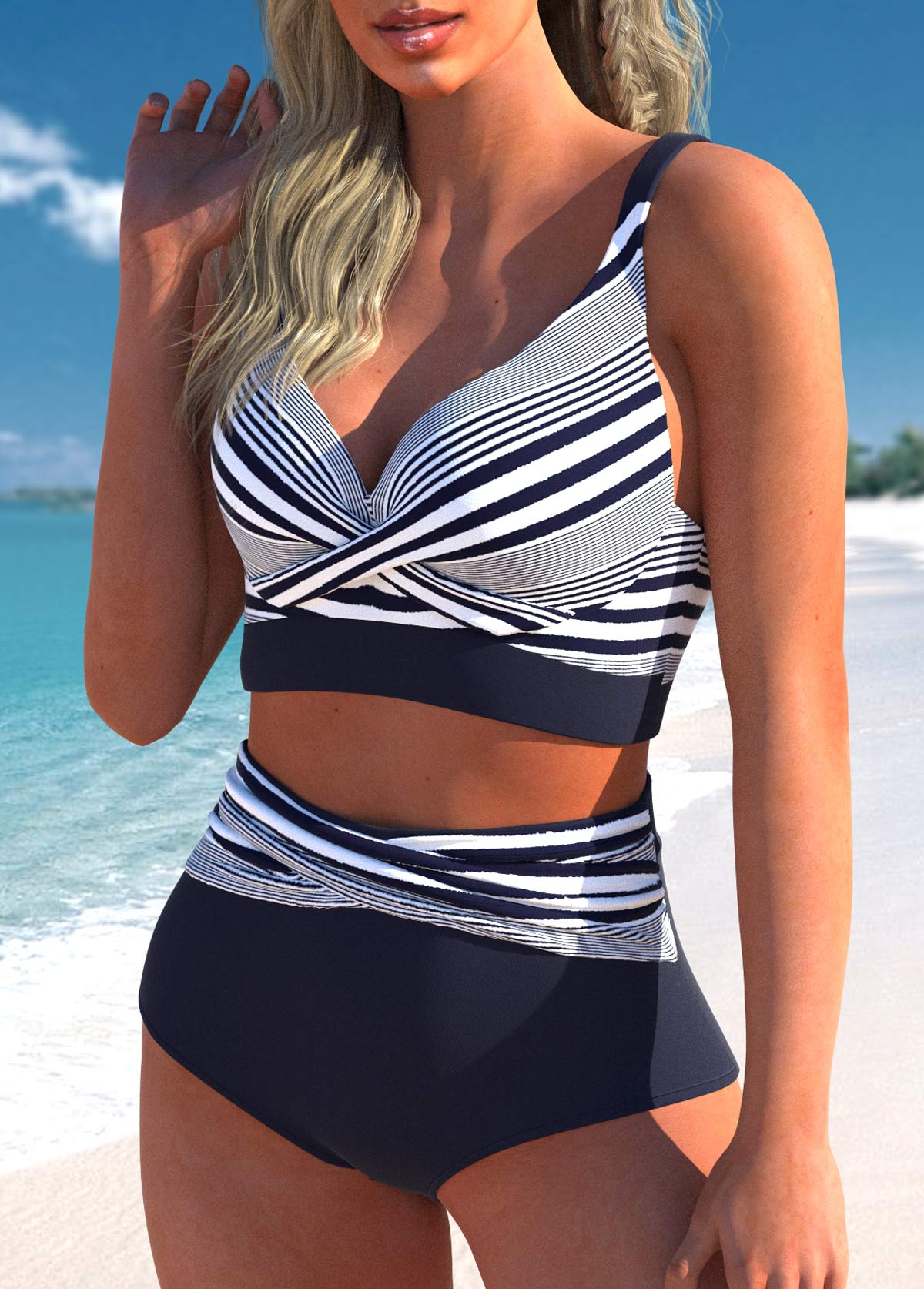 Criss Cross Navy Striped Bikini Set