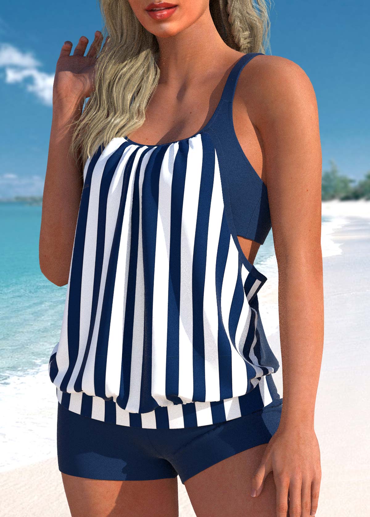 Fake 2in1 Navy Striped Tankini Top