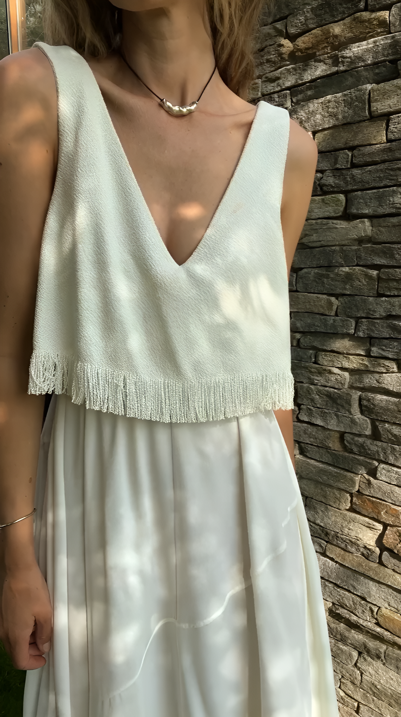 Linen fringed vest skirt suit