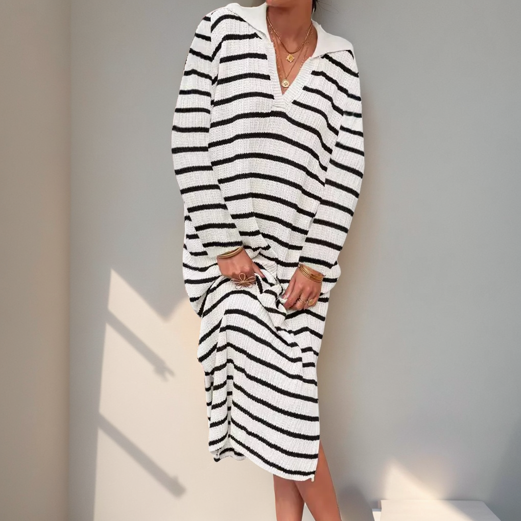 V-neck striped low-cut lapel long dress