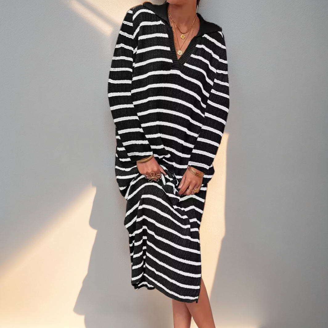 V-neck striped low-cut lapel long dress