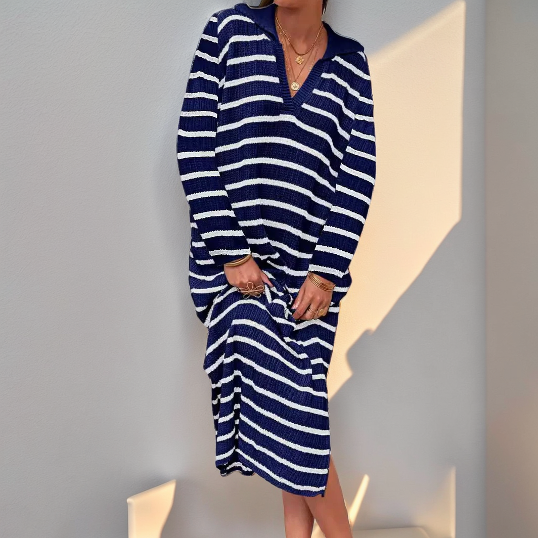 V-neck striped low-cut lapel long dress