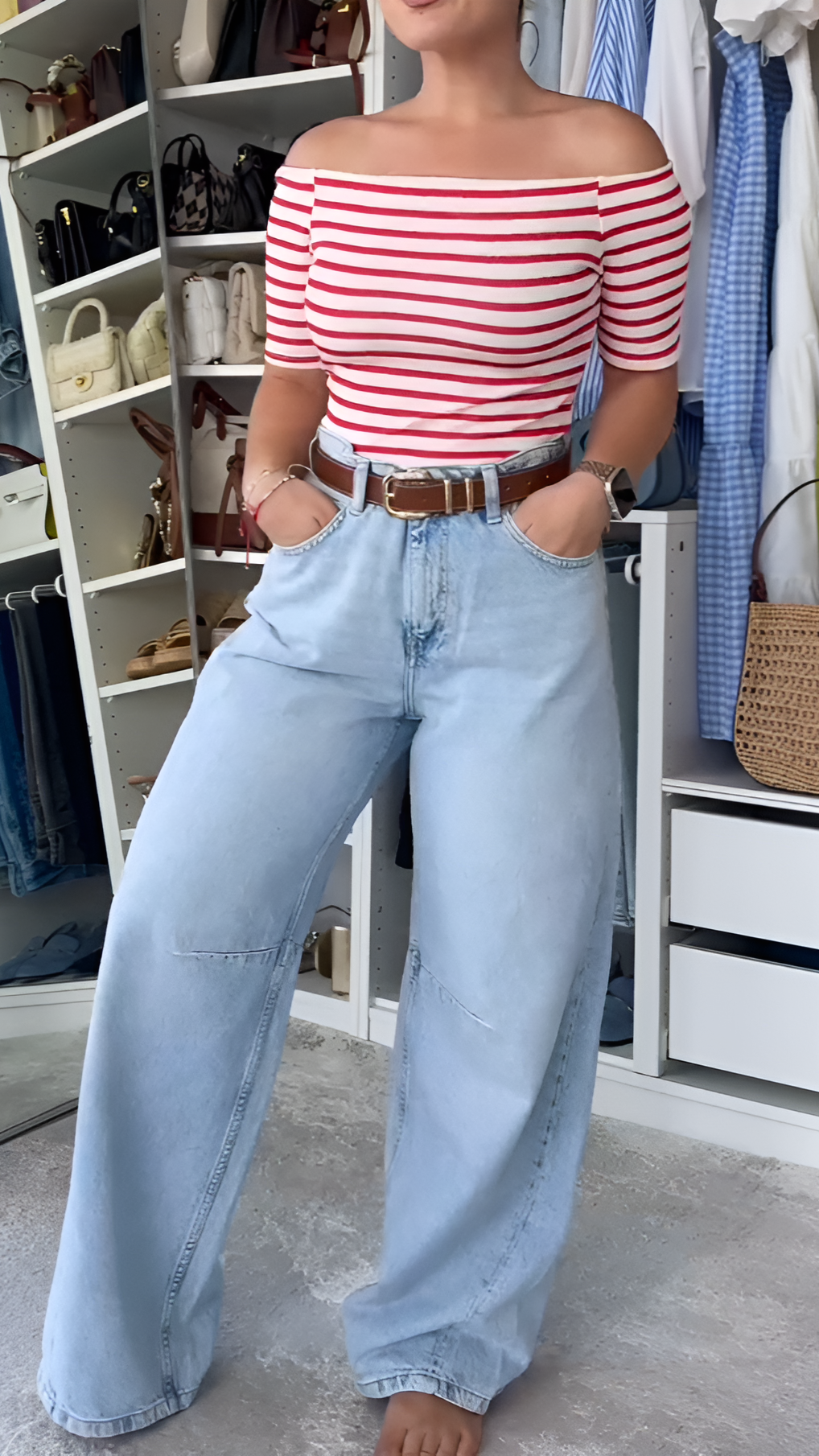 Boat neck top wide leg jeans suit