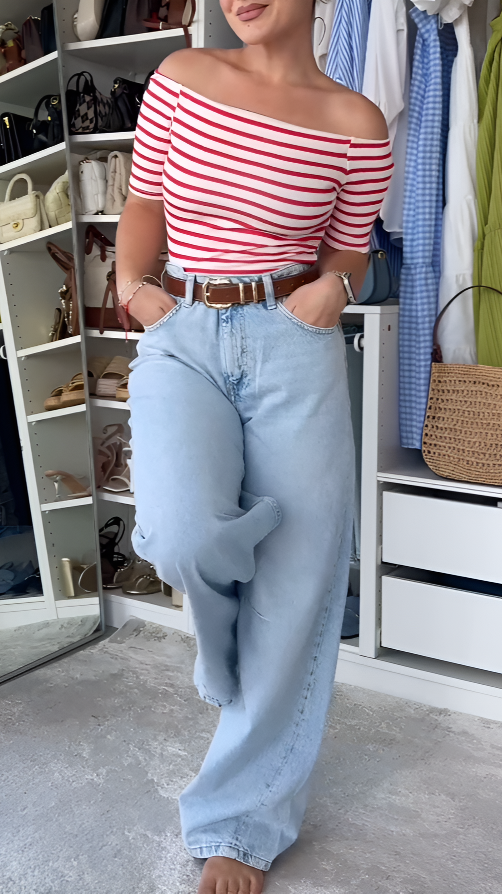 Boat neck top wide leg jeans suit