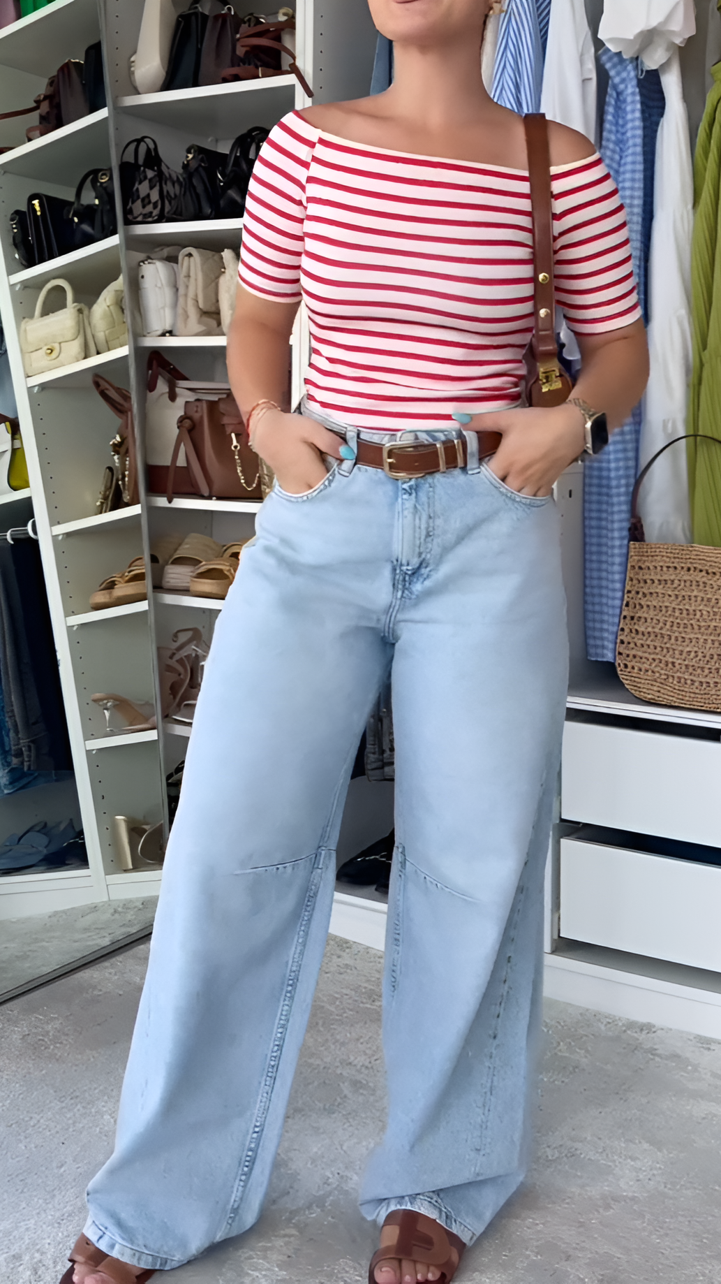 Boat neck top wide leg jeans suit