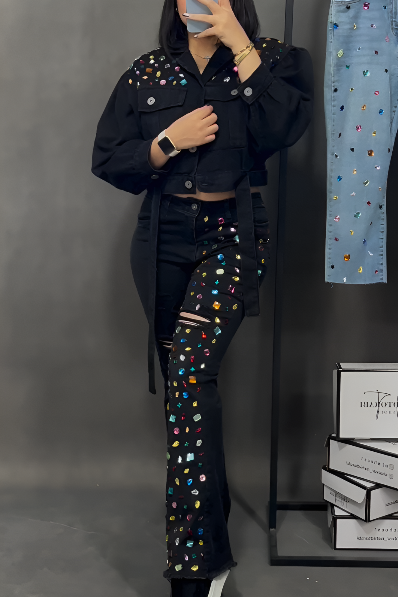 beaded diamond denim suit