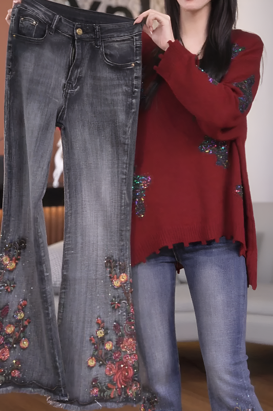 Vintage embroidered high quality denim flared pants