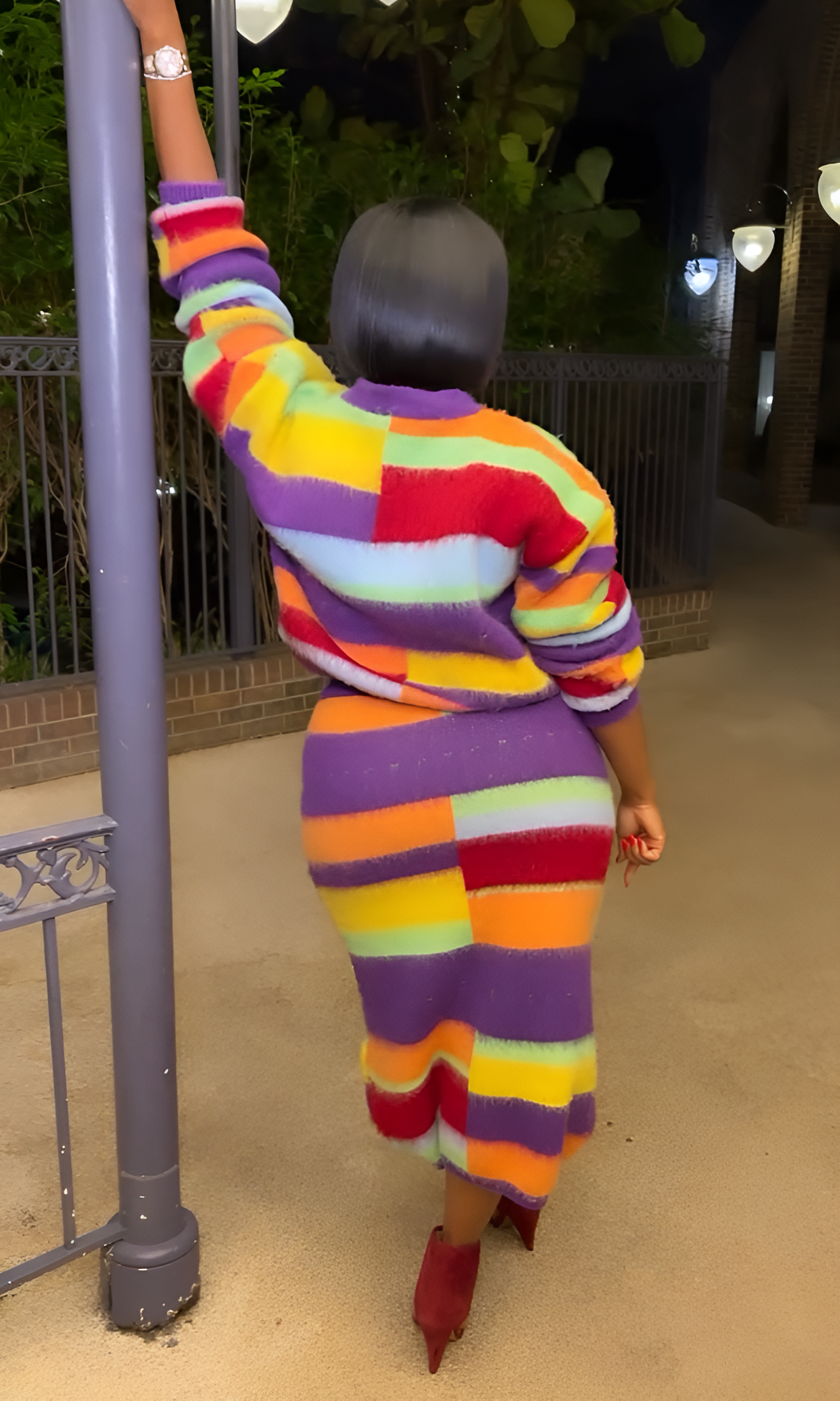 Autumn and winter rainbow striped knitted suit