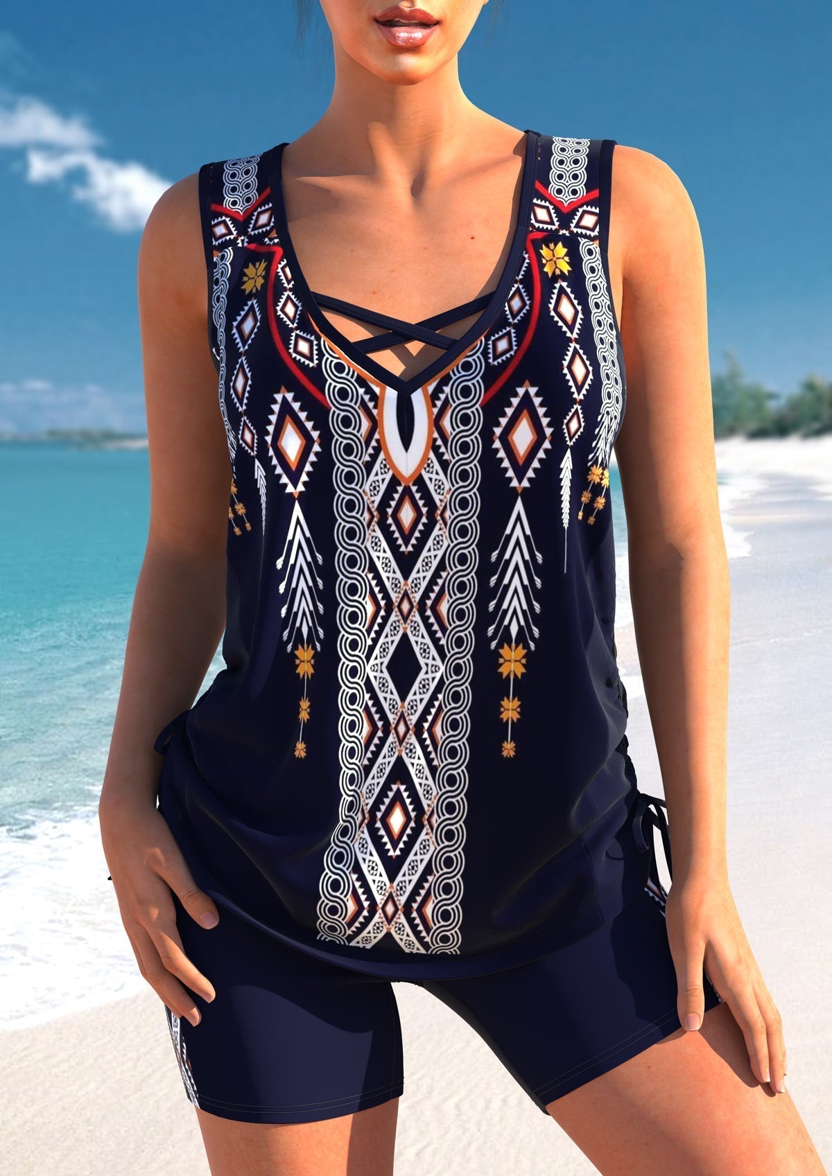 Criss Cross Navy Tribal Print Tankini Top