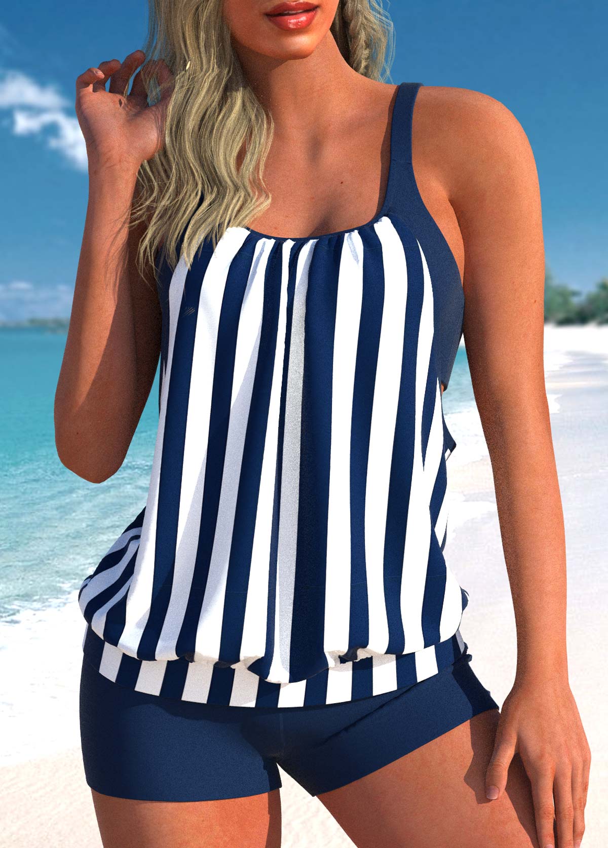 Fake 2in1 Navy Striped Tankini Top