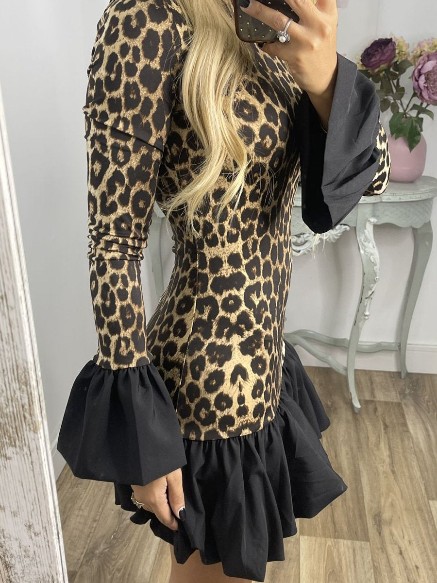 Leopard Print Patchwork Flare Sleeve Dress