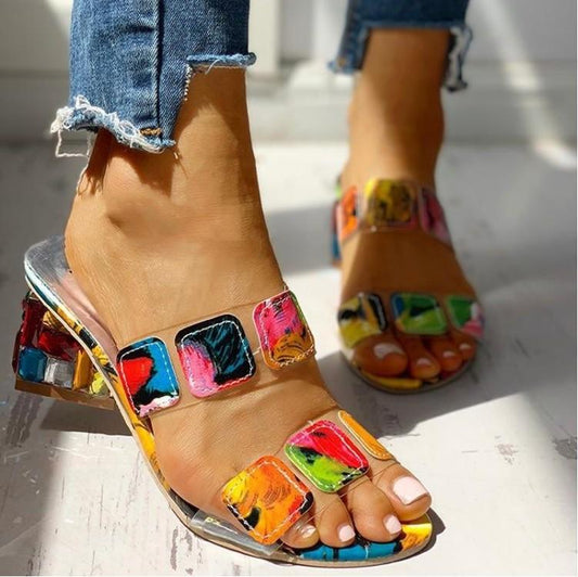 Rhinestone Chunky Heel Flip Flops