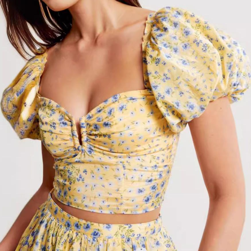 2024 New Yellow Floral Skirt Suit Puff Sleeve Backless Tube Top Long Skirt