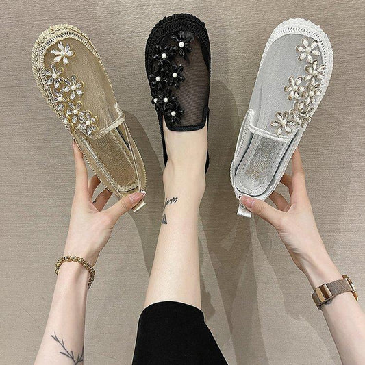 New flat mesh breathable rhinestone flower slip-ons