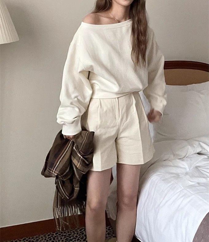 One-shoulder off-shoulder loose long-sleeved sweatshirt