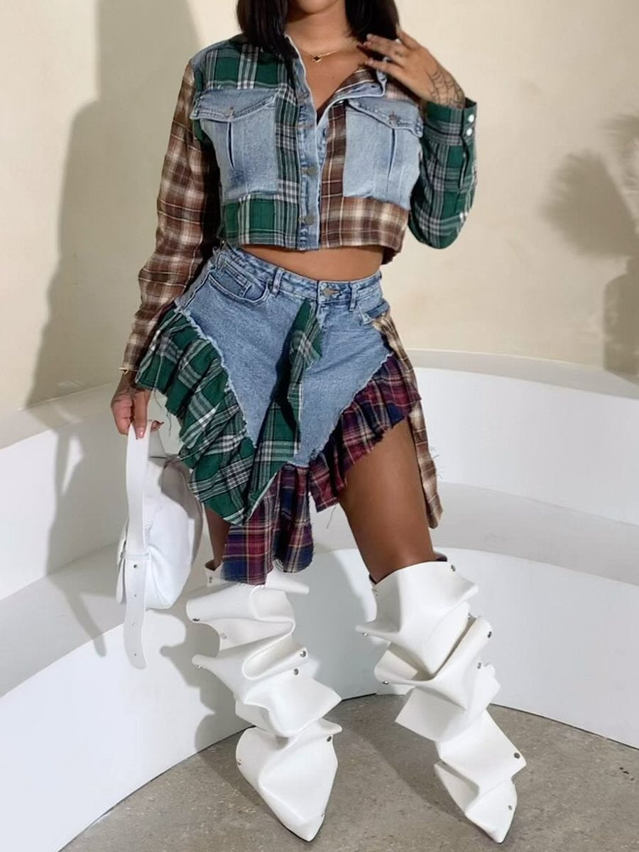 Irregular Denim Contrast Plaid Jacket or Skirt Set