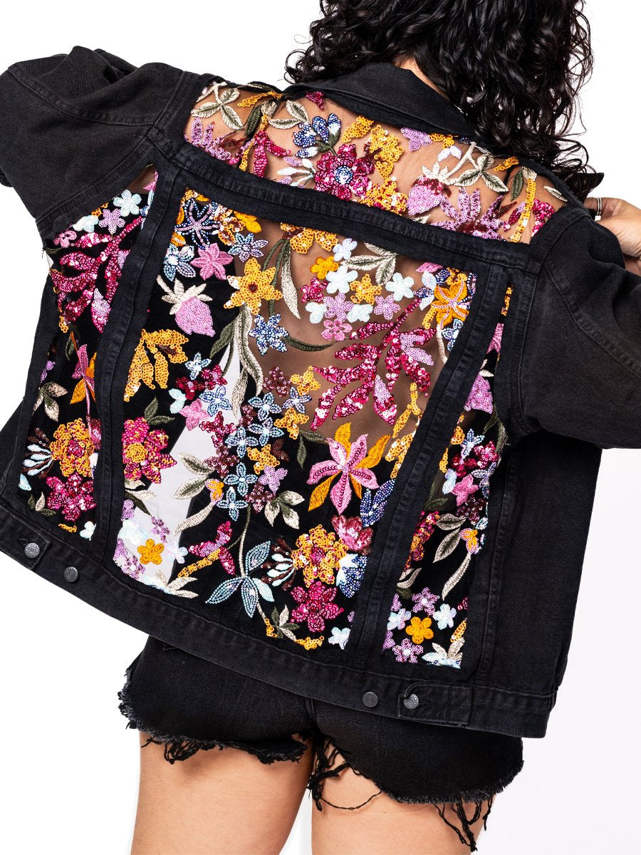 Embroidered Floral Sequin Denim See-through Jacket