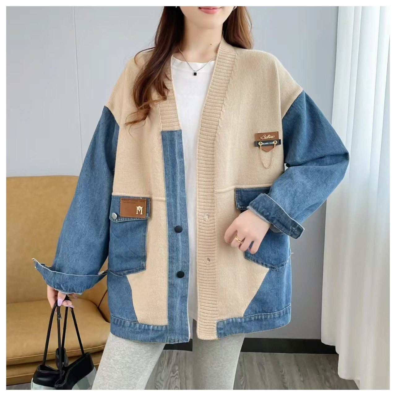 Denim patchwork knitted jacket