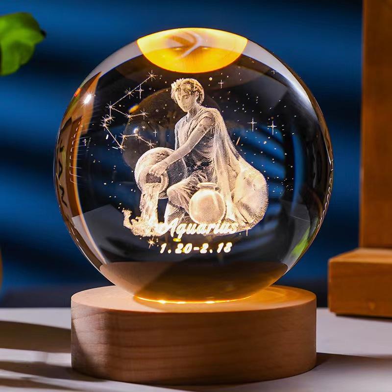 12 constellations luminous crystal ball solid wood base high-end night light