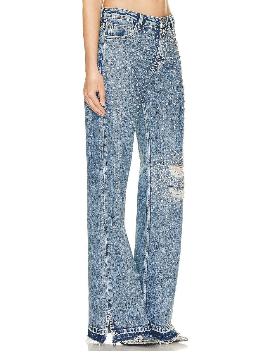 Denim Rhinestone Sparkle Fashion Distressed Wide Leg Jeans