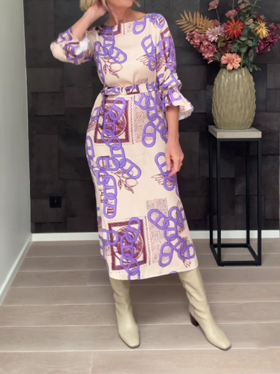 Chain Print Flare Sleeve Midi Dress