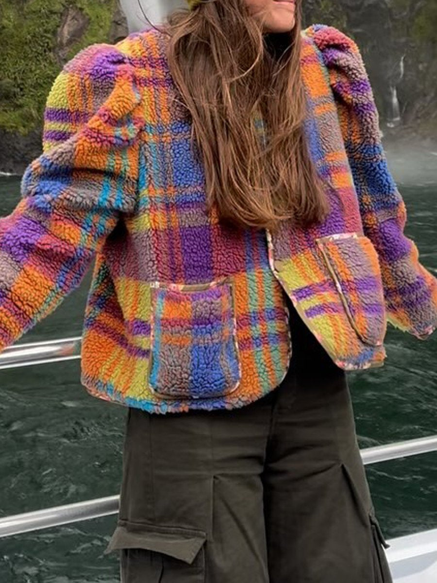 Fleece Colorful Plaid Lambswool Warm Jacket