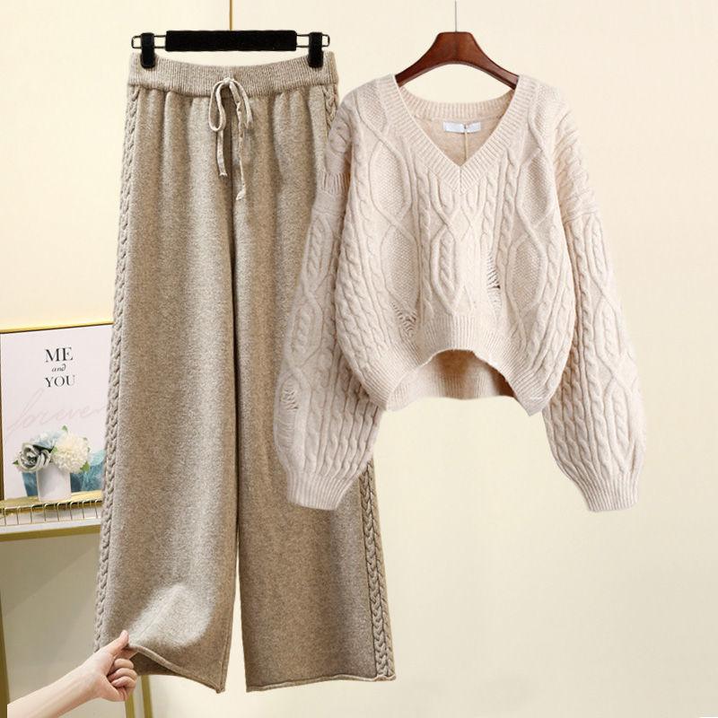 Knitted Slim Wide-Leg Pants Two-Piece Set