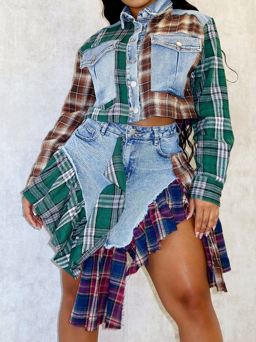 Irregular Denim Contrast Plaid Jacket or Skirt Set