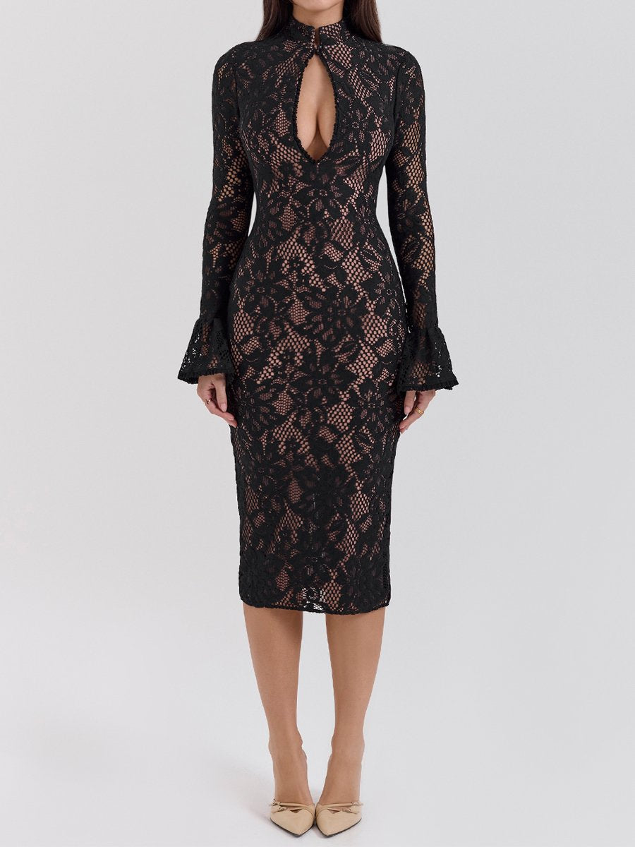 Lace See-through Keyhole Neckline Sexy Dress