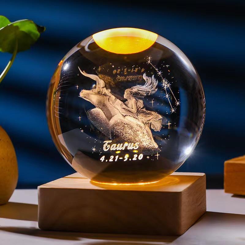 12 constellations luminous crystal ball solid wood base high-end night light