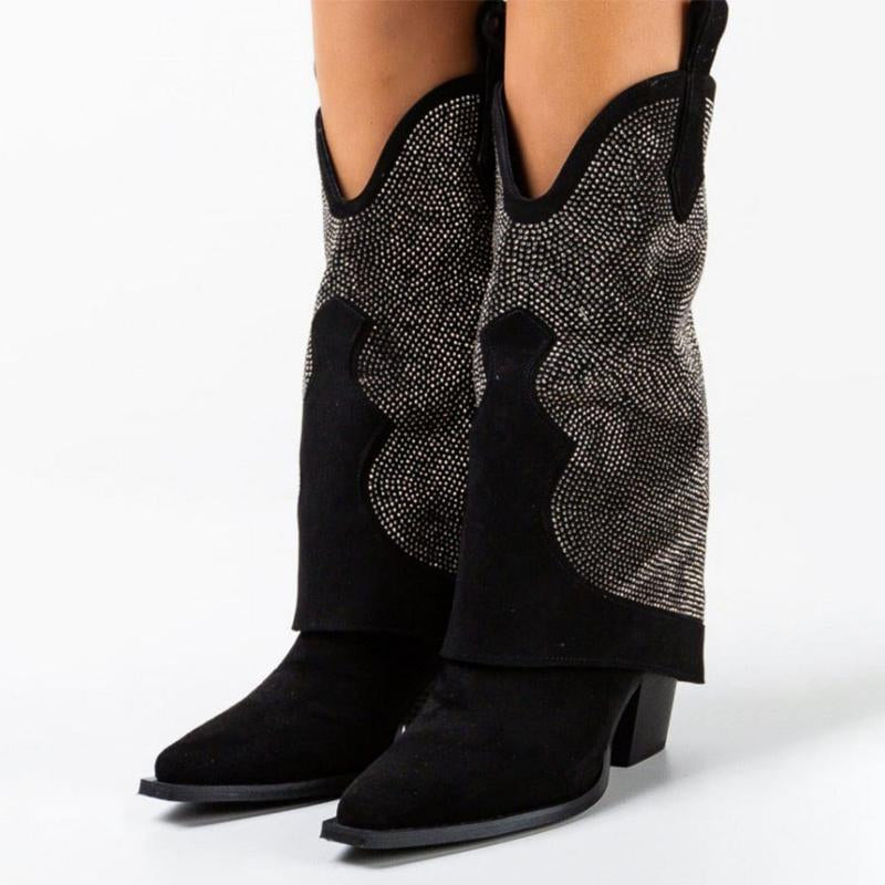 Western Crystal Rhinestone Black Boots