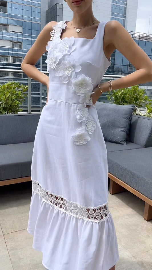 White 3D Flower Midi Dress