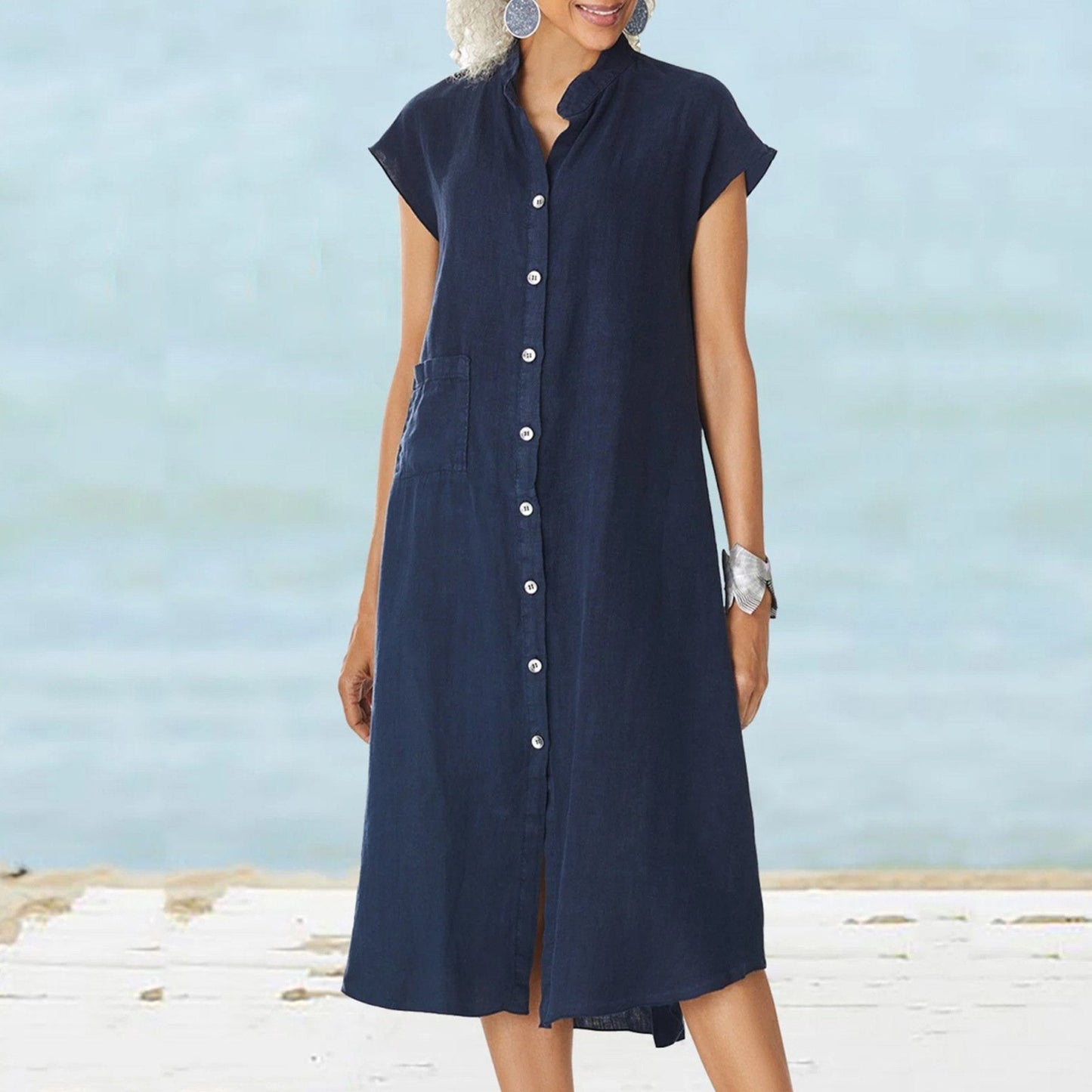 Women’s Button-down Cotton Linen Loose Dress with Pocket