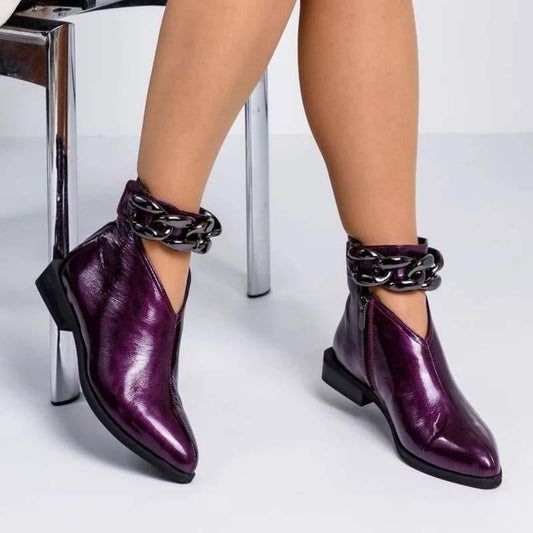 Chain-Trim Point Toe Ankle Boots