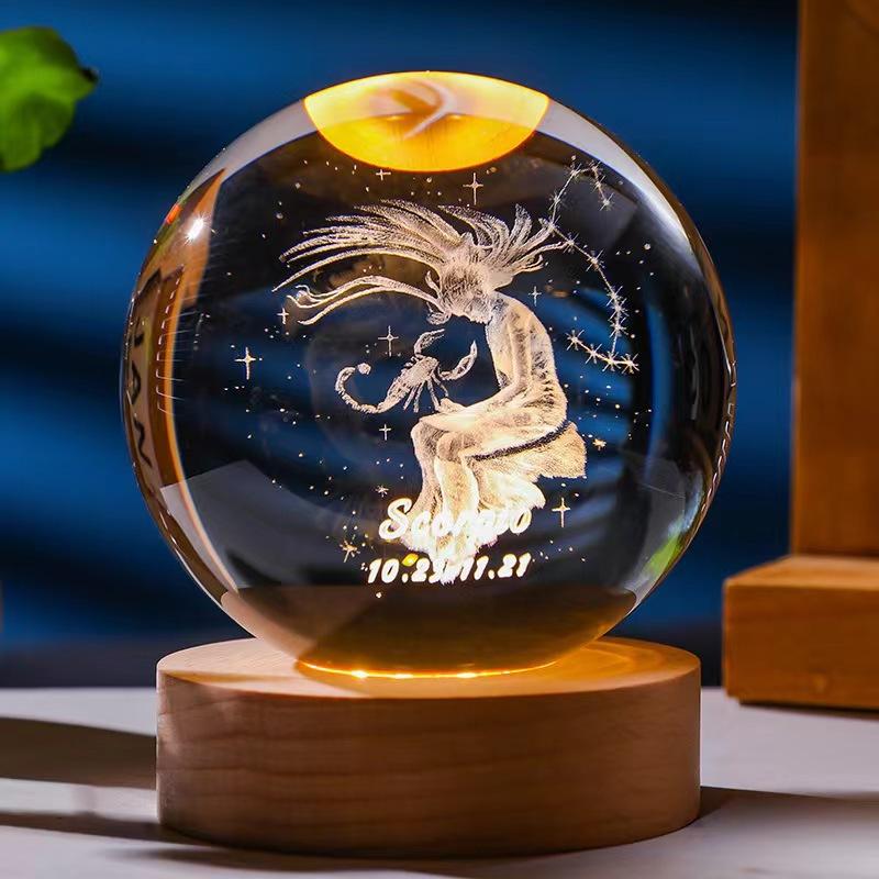 12 constellations luminous crystal ball solid wood base high-end night light