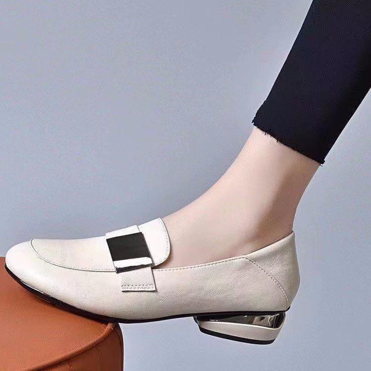 Soft leather block heel square toe loafers