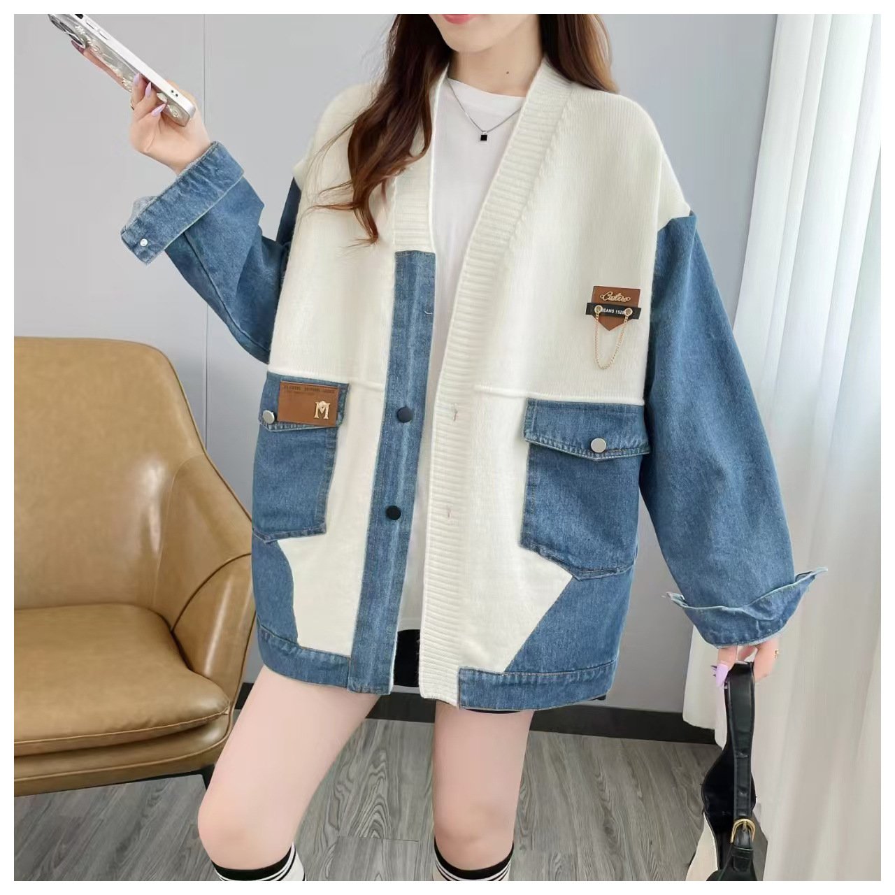 Denim patchwork knitted jacket