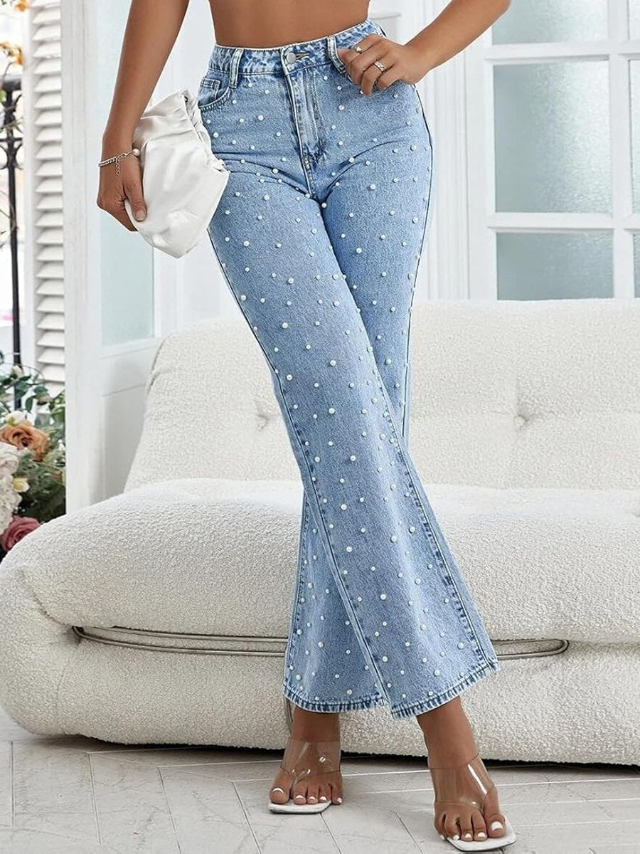 Women's High Waist Straight Leg Casual Denim Pearl Pants