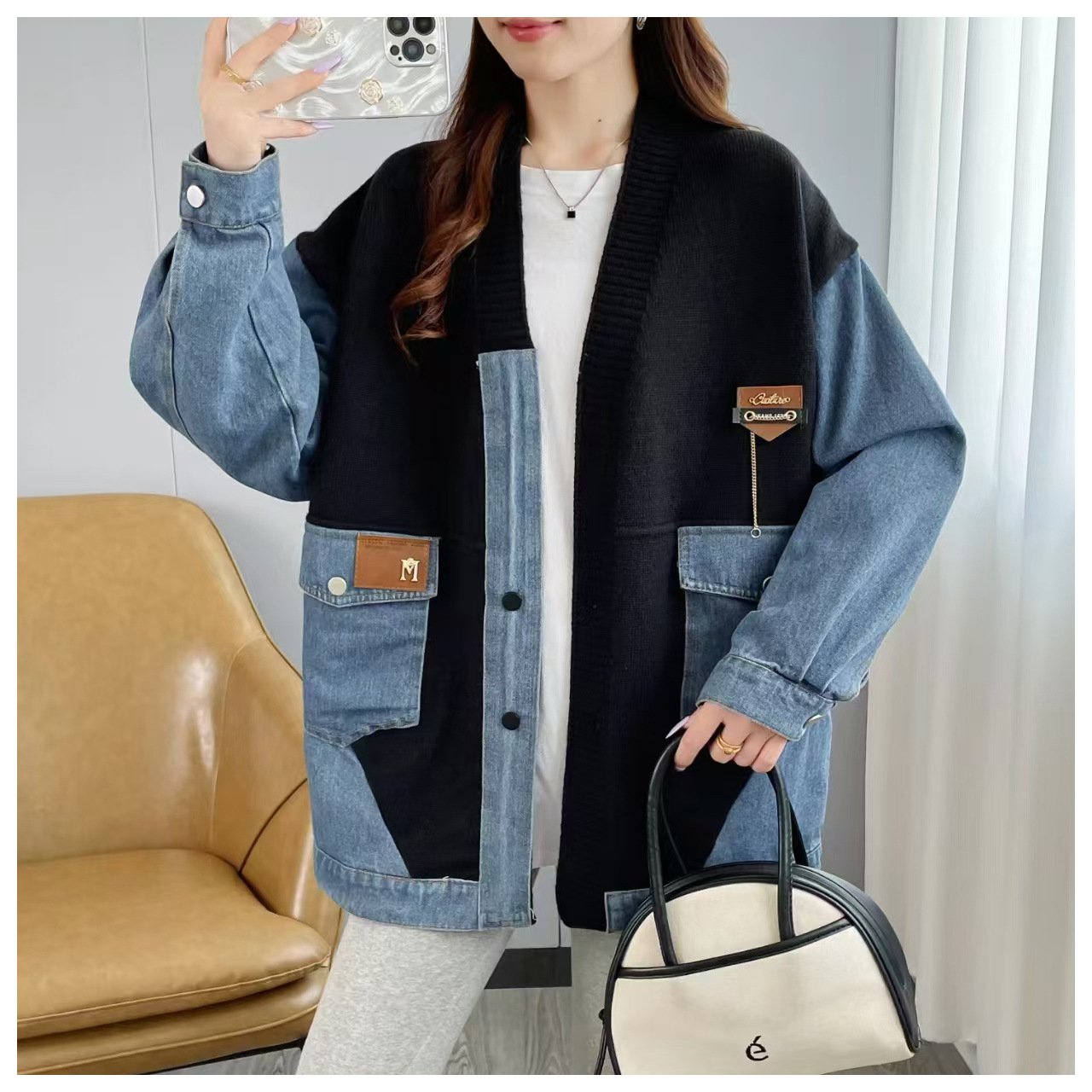 Denim patchwork knitted jacket