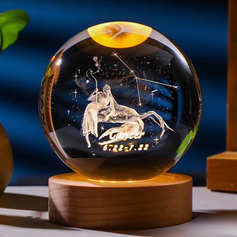 12 constellations luminous crystal ball solid wood base high-end night light