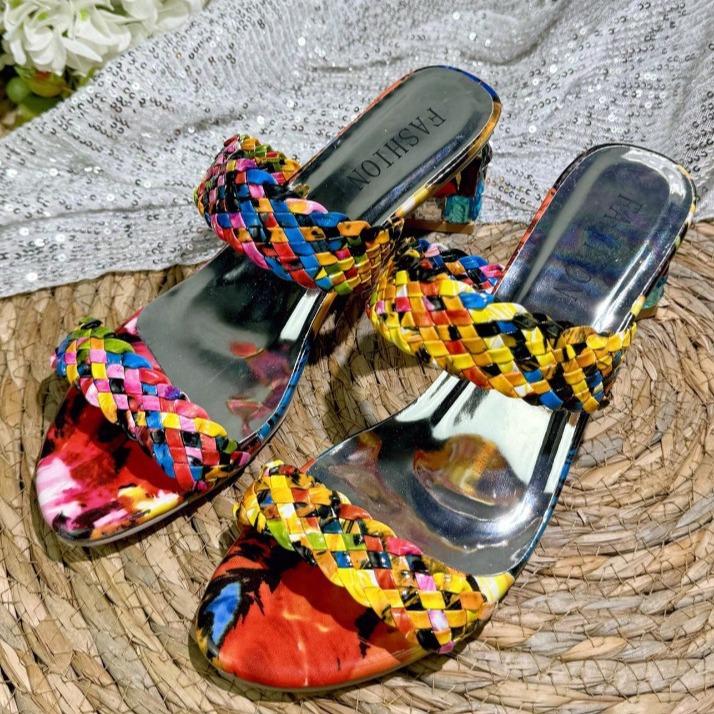 Rhinestone Chunky Heel Flip Flops