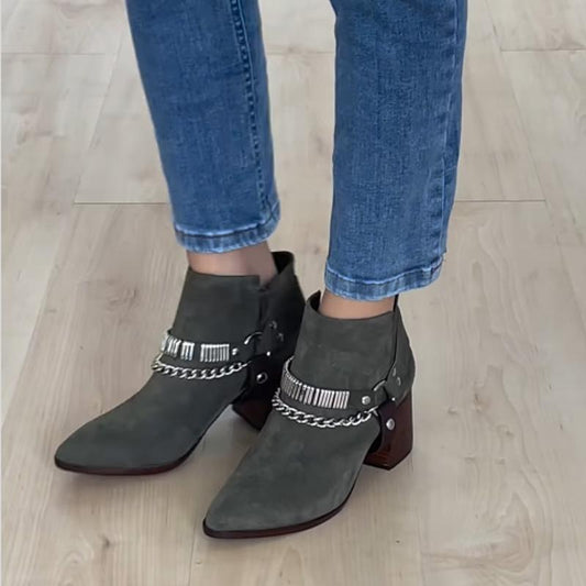 Buckle-Heeled Pointed Ankle Boots