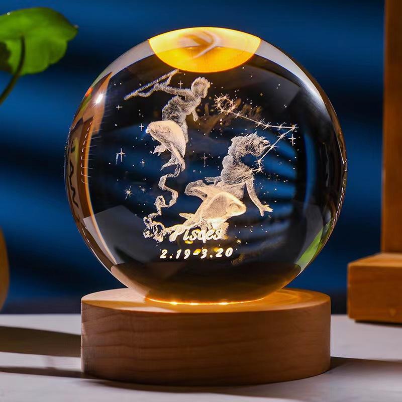 12 constellations luminous crystal ball solid wood base high-end night light