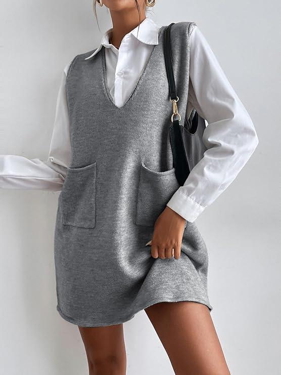 V Neck Sleeveless Sweater Dress