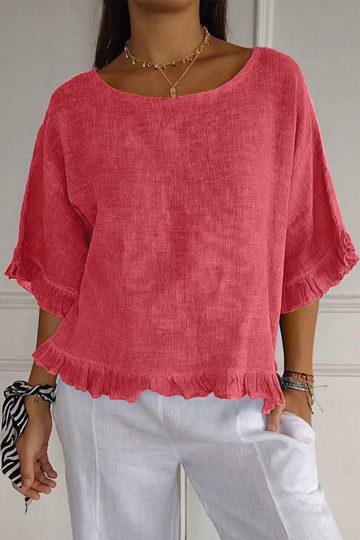 Round neck cotton and linen solid color loose short sleeves