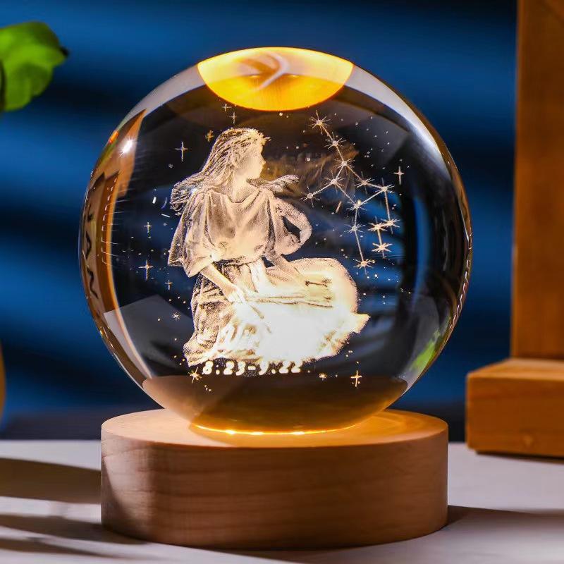 12 constellations luminous crystal ball solid wood base high-end night light