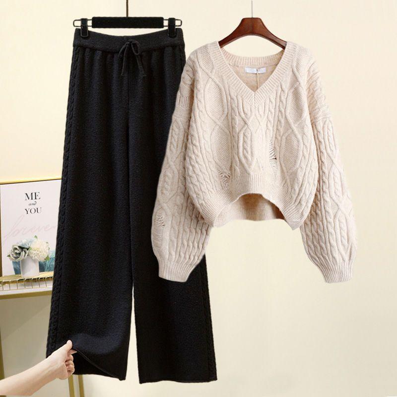 Knitted Slim Wide-Leg Pants Two-Piece Set